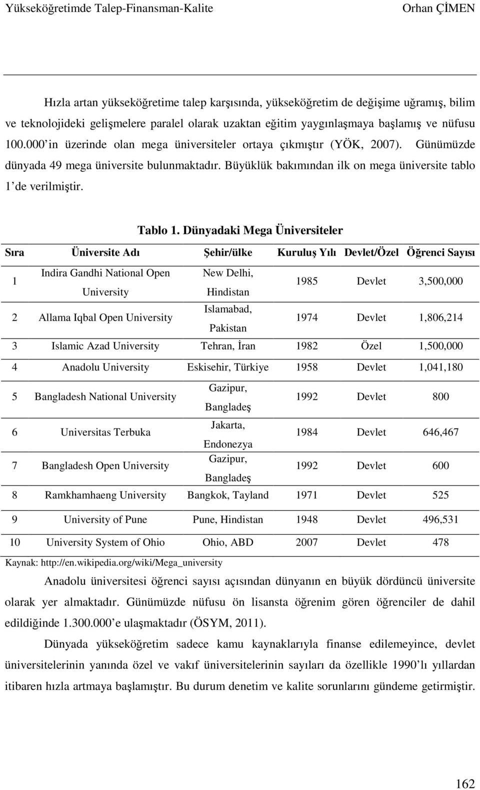 Dünyadaki Mega Üniversiteler Sıra Üniversite Adı Şehir/ülke Kuruluş Yılı Devlet/Özel Öğrenci Sayısı 1 Indira Gandhi National Open New Delhi, University Hindistan 1985 Devlet 3,500,000 2 Allama Iqbal