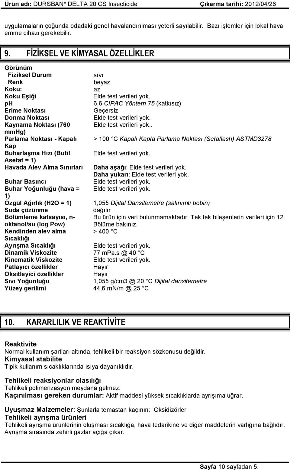 ph 6,6 CIPAC Yöntem 75 (katkısız) Erime Noktası Geçersiz Donma Noktası Elde test verileri yok. Kaynama Noktası (760 Elde test verileri yok.