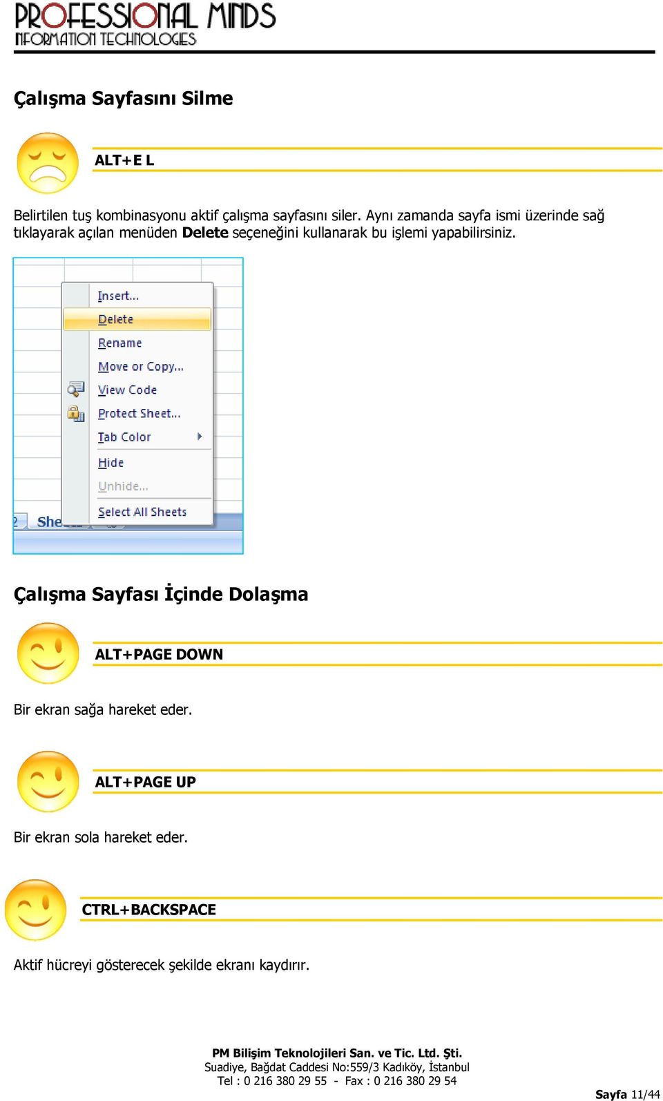 işlemi yapabilirsiniz. Çalışma Sayfası İçinde Dolaşma ALT+PAGE DOWN Bir ekran sağa hareket eder.