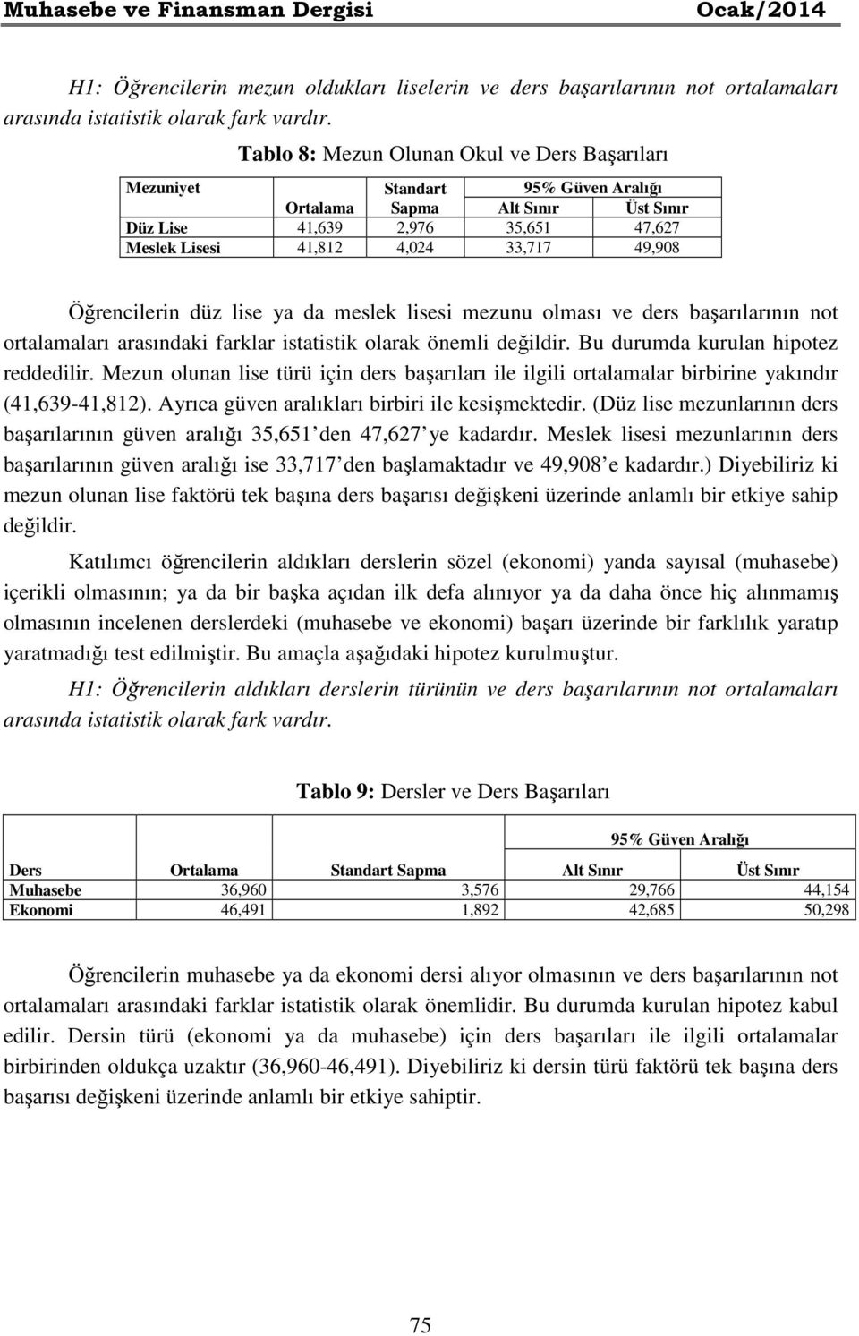 Öğrencilerin düz lise ya da meslek lisesi mezunu olması ve ders başarılarının not ortalamaları arasındaki farklar istatistik olarak önemli değildir. Bu durumda kurulan hipotez reddedilir.