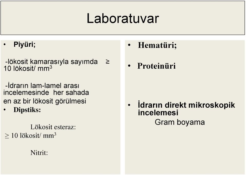 lökosit görülmesi Dipstiks: Lökosit esteraz: 10 lökosit/ mm 3