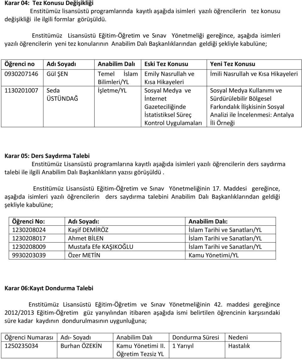 Adı Soyadı Anabilim Dalı Eski Tez Konusu Yeni Tez Konusu 0930207146 Gül ŞEN Temel İslam Bilimleri/YL 1130201007 Seda İşletme/YL ÜSTÜNDAĞ Emily Nasrullah ve Kısa Hikayeleri Sosyal Medya ve İnternet