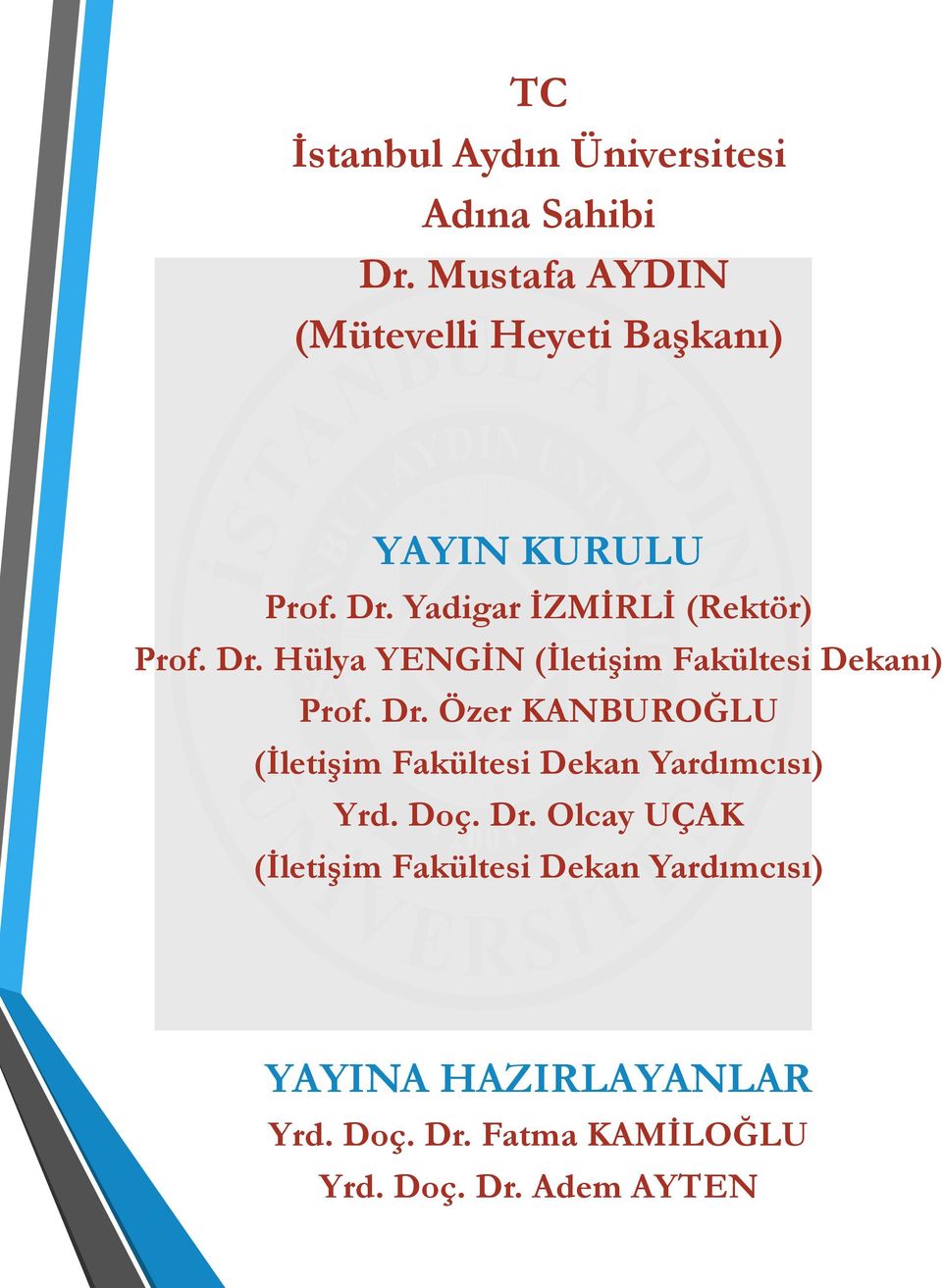 Yadigar İZMİRLİ (Rektör) Prof. Dr. Hülya YENGİN (İletişim Fakültesi Dekanı) Prof. Dr. Özer KANBUROĞLU (İletişim Fakültesi Dekan Yardımcısı) Yrd.