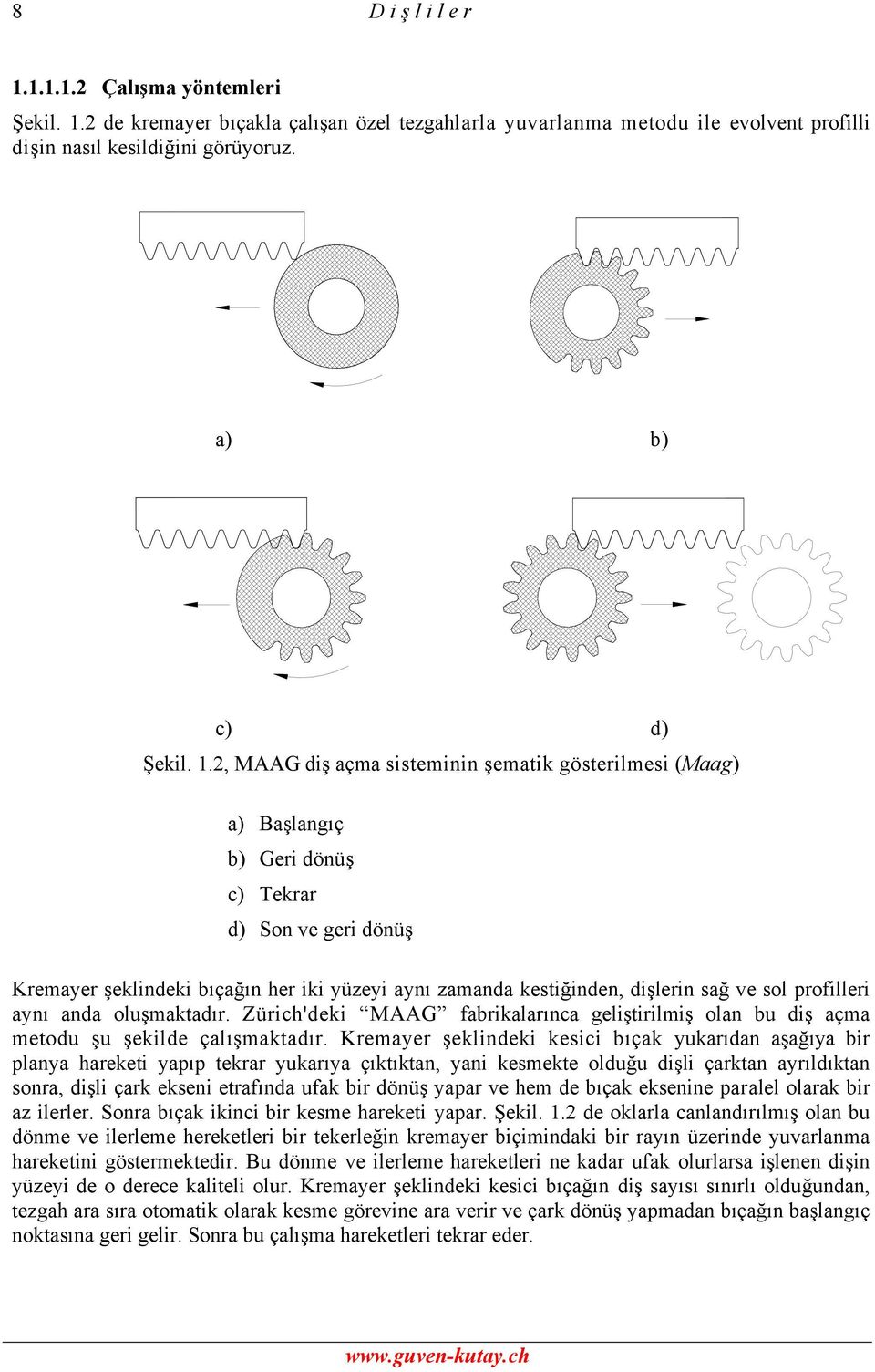 2 de kremayer bıçakla çalışan özel tezgahlarla yuvarlanma metodu ile evolvent profilli dişin nasıl kesildiğini görüyoruz. a) b) c) d) Şekil. 1.