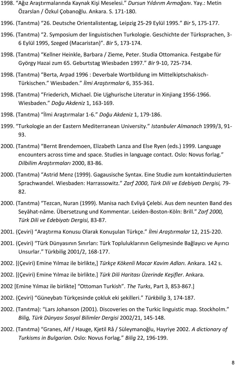 Bir 5, 173-174. 1998. (Tanıtma) Kellner Heinkle, Barbara / Zieme, Peter. Studia Ottomanica. Festgabe für György Hazai zum 65. Geburtstag Wiesbaden 1997. Bir 9-10, 725-734. 1998. (Tanıtma) Berta, Arpad 1996 : Deverbale Wortbildung im Mittelkiptschakisch- Türkischen.