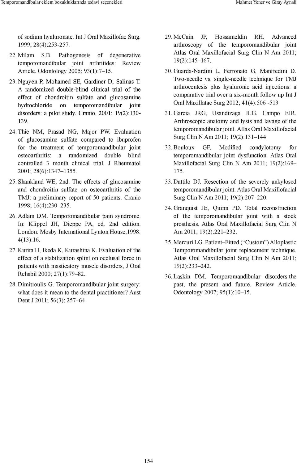 A randomized double-blind clinical trial of the effect of chondroitin sulfate and glucosamine hydrochloride on temporomandibular joint disorders: a pilot study. Cranio. 2001; 19(2):130-139. 24.