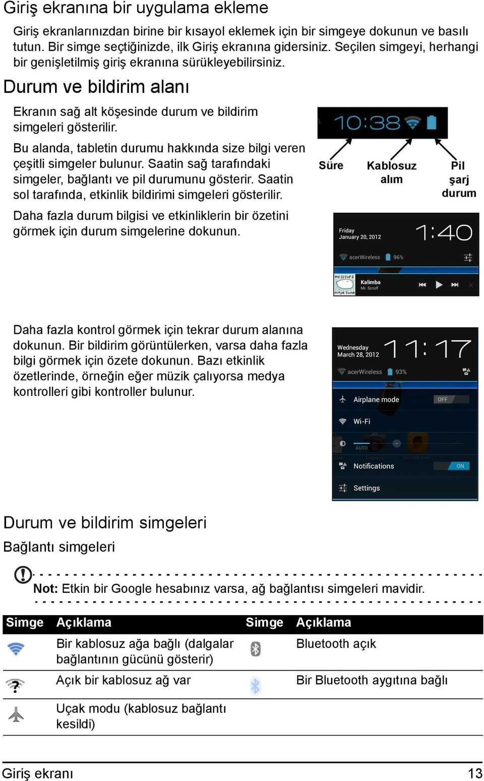 Bu alanda, tabletin durumu hakkında size bilgi veren çeşitli simgeler bulunur. Saatin sağ tarafındaki simgeler, bağlantı ve pil durumunu gösterir.