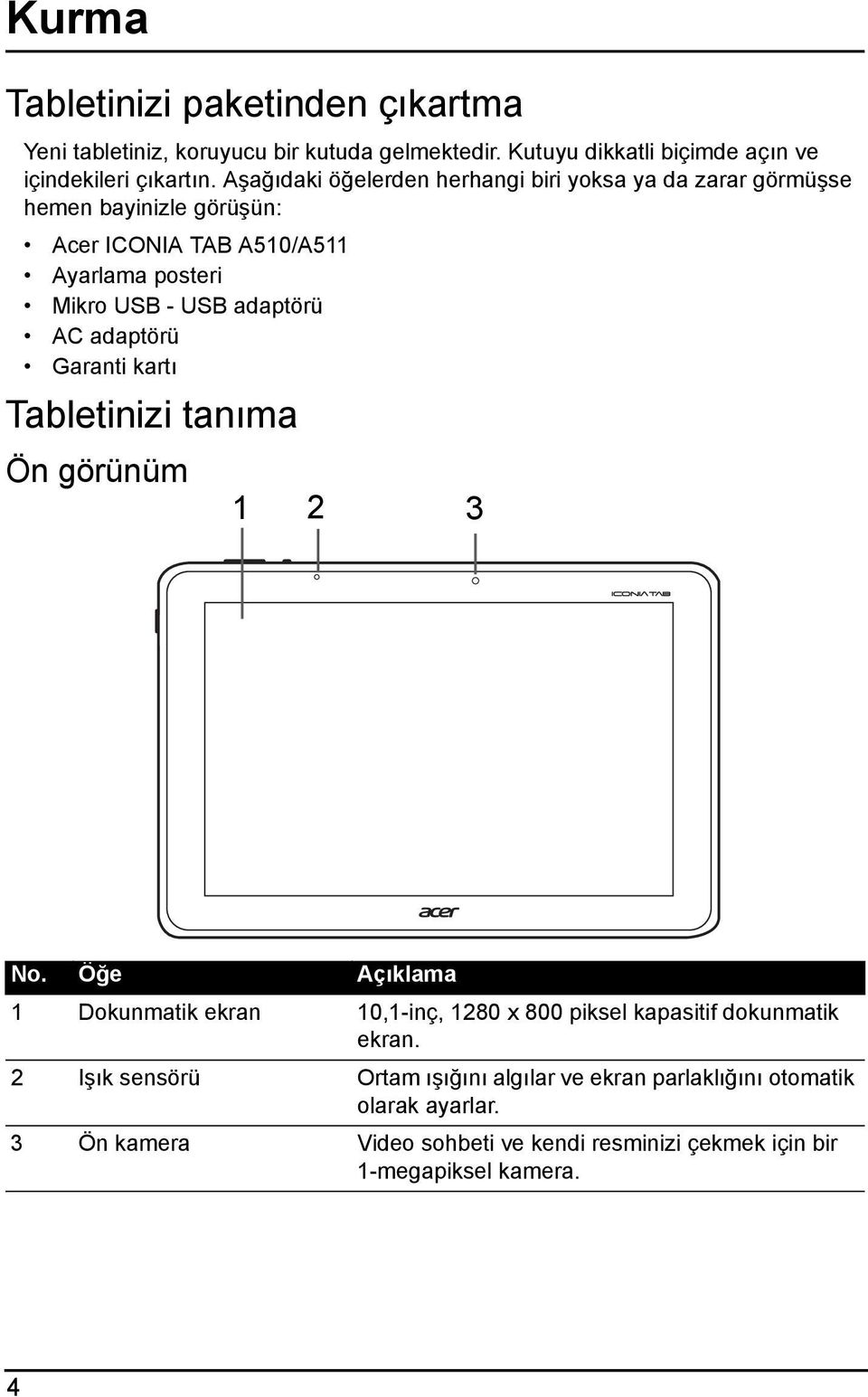 AC adaptörü Garanti kartı Tabletinizi tanıma Ön görünüm 1 2 3 No. Öğe Açıklama 1 Dokunmatik ekran 10,1-inç, 1280 x 800 piksel kapasitif dokunmatik ekran.