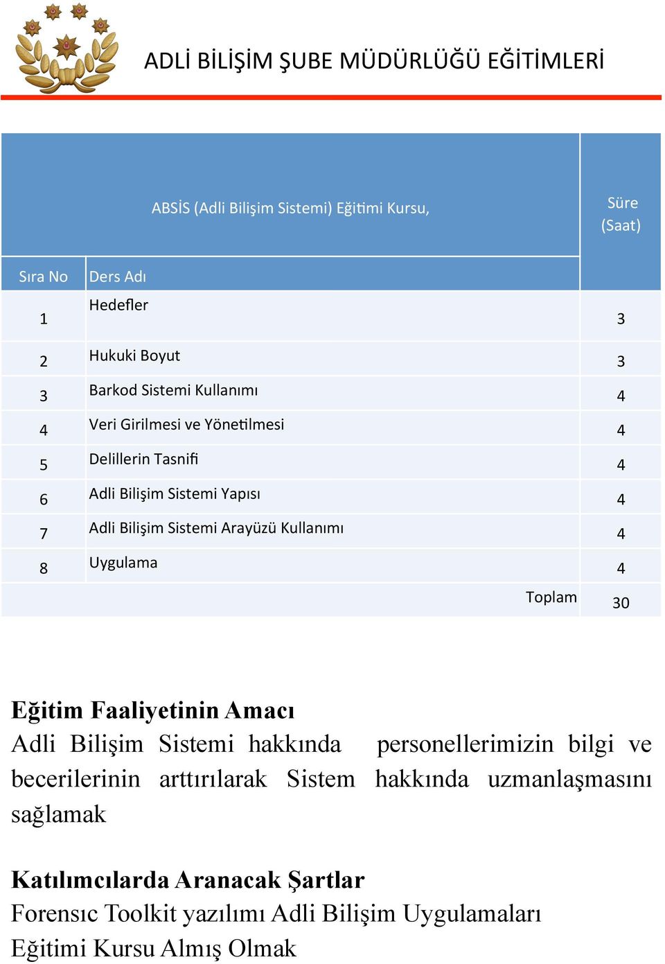 AdliBilişimSistemiArayüzüKullanımı 8 Uygulama Toplam 30 Eğitim Faaliyetinin Amacı Adli Bilişim Sistemi hakkında