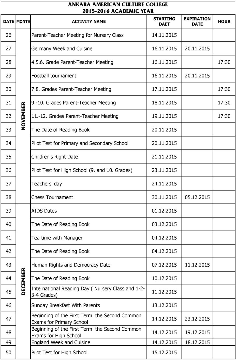 Grades Parent-Teacher Meeting 18.11.2015 17:30 32 11.-12. Grades Parent-Teacher Meeting 19.11.2015 17:30 33 The Date of Reading Book 20.11.2015 34 Pilot Test for Primary and Secondary School 20.11.2015 35 Children's Right Date 21.