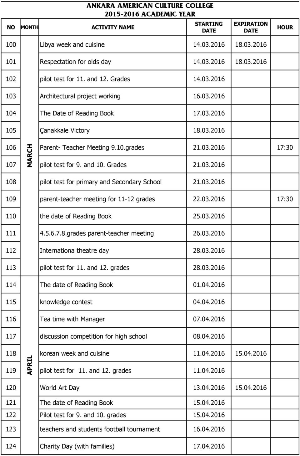 and 10. Grades 21.03.2016 108 pilot test for primary and Secondary School 21.03.2016 109 parent-teacher meeting for 11-12 grades 22.03.2016 17:30 110 the date of Reading Book 25.03.2016 111 4.5.6.7.8.grades parent-teacher meeting 26.