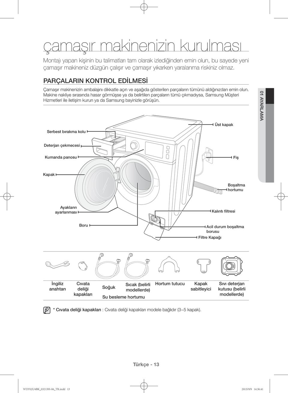 Makine nakliye sırasında hasar görmüşse ya da belirtilen parçaların tümü çıkmadıysa, Samsung Müşteri Hizmetleri ile iletişim kurun ya da Samsung bayinizle görüşün.