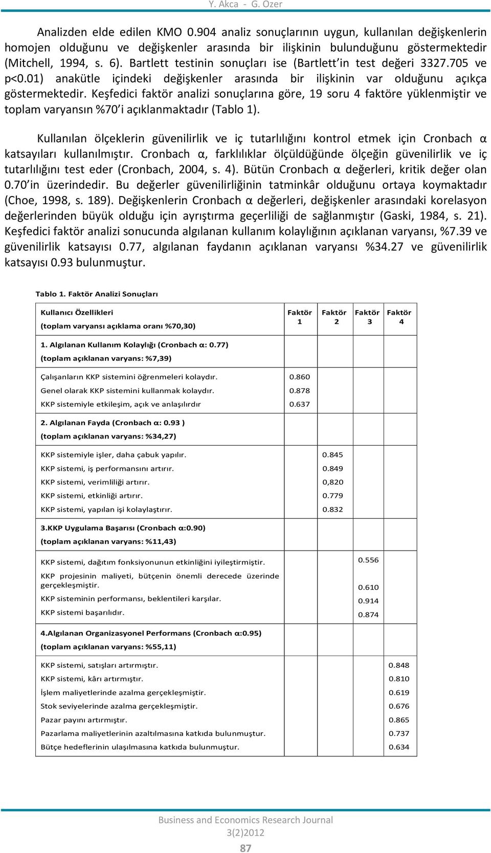 Bartlett testinin sonuçları ise (Bartlett in test değeri 3327.705 ve p<0.01) anakütle içindeki değişkenler arasında bir ilişkinin var olduğunu açıkça göstermektedir.