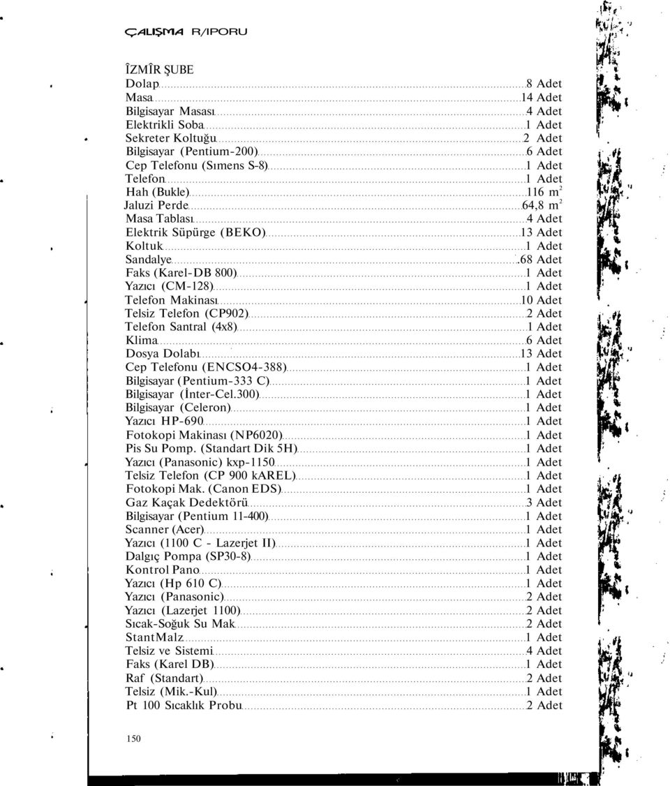 68 Adet Faks (Karel-DB 8) Yazıcı (CM-128) Telefon Makinası Telsiz Telefon (CP92) Telefon Santral (4x8) Klima 6 Adet Dosya Dolabı 13 Adet Cep Telefonu (ENCSO4-388) Bilgisayar (Pentium-333 C)