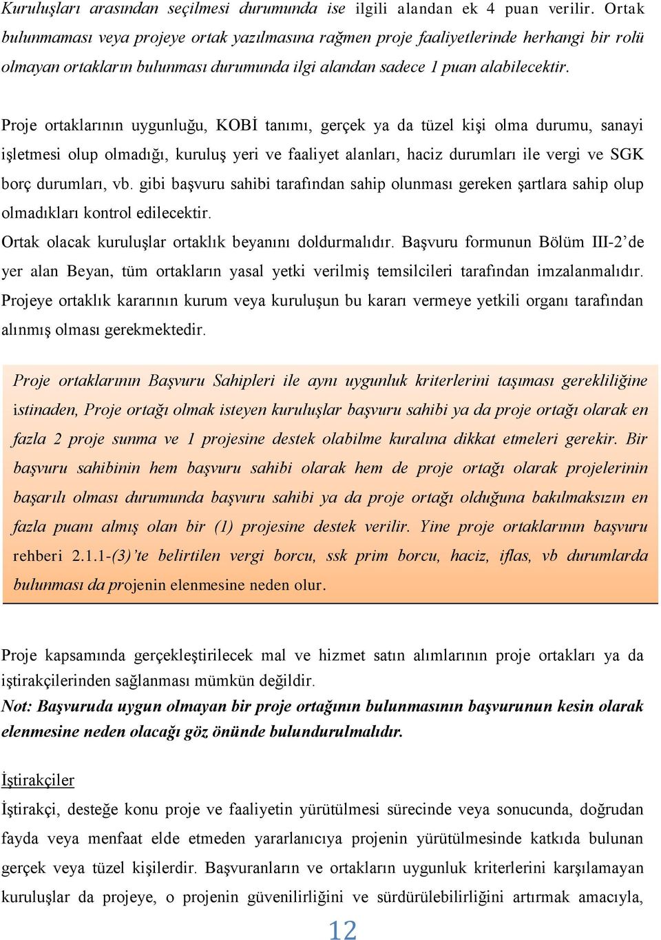 Proje ortaklarının uygunluğu, KOBİ tanımı, gerçek ya da tüzel kişi olma durumu, sanayi işletmesi olup olmadığı, kuruluş yeri ve faaliyet alanları, haciz durumları ile vergi ve SGK borç durumları, vb.