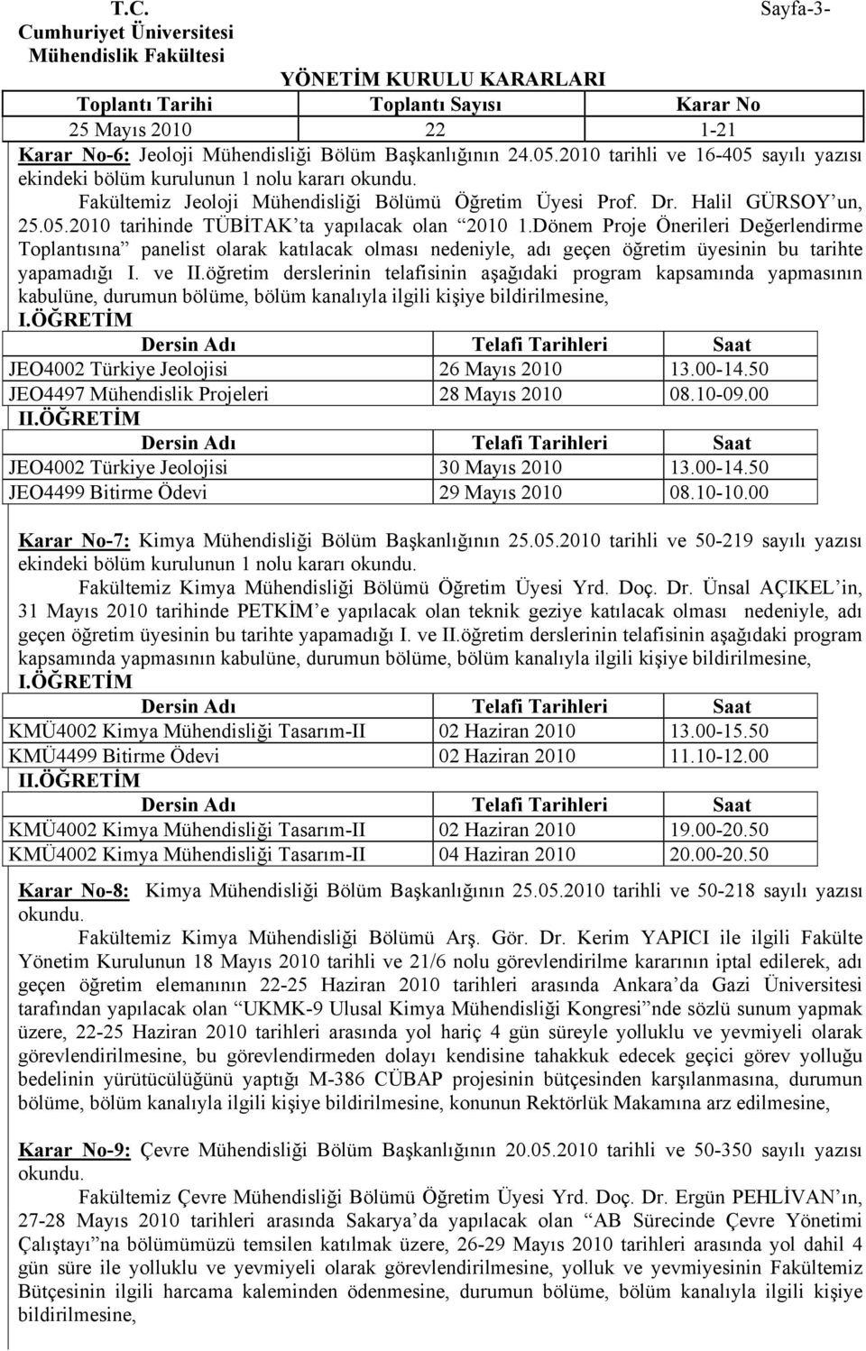 Dönem Proje Önerileri Değerlendirme Toplantısına panelist olarak katılacak olması nedeniyle, adı geçen öğretim üyesinin bu tarihte yapamadığı I. ve II.