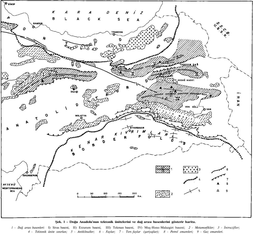 Muş-Hınıs-Malazgirt baseni; 2 - Metamorfikler; 3 - İntruzifler; 4 - Tektonik ünite sınırlan;