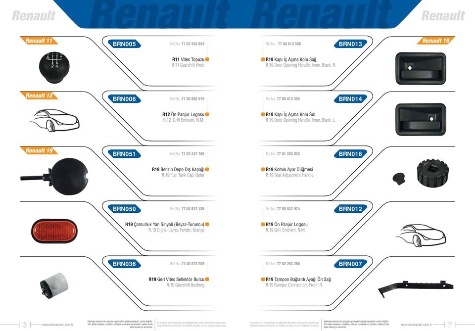 No: 77 01 203 023 BRN016 R19 Benzin Depo Dış Kapağı R.19 Fuel Tank Cap, Outer R19 Koltuk Ayar Düğmesi R.19 Seat Adjustment Handle BRN050 Ref.No: 77 00 822 136 Ref.