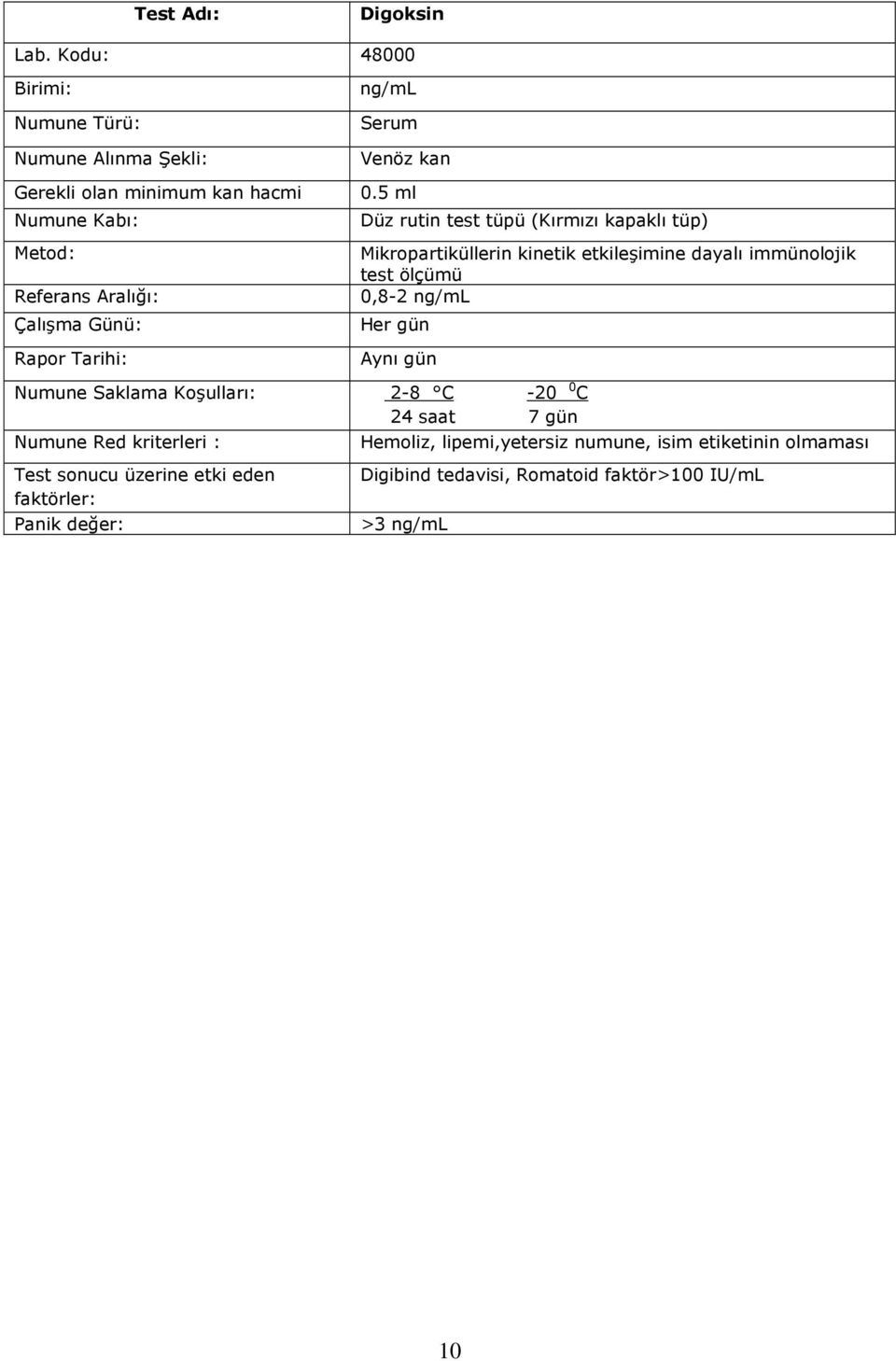 immünolojik test ölçümü 0,8-2 ng/ml Numune Saklama Koşulları: 2-8 C -20 0