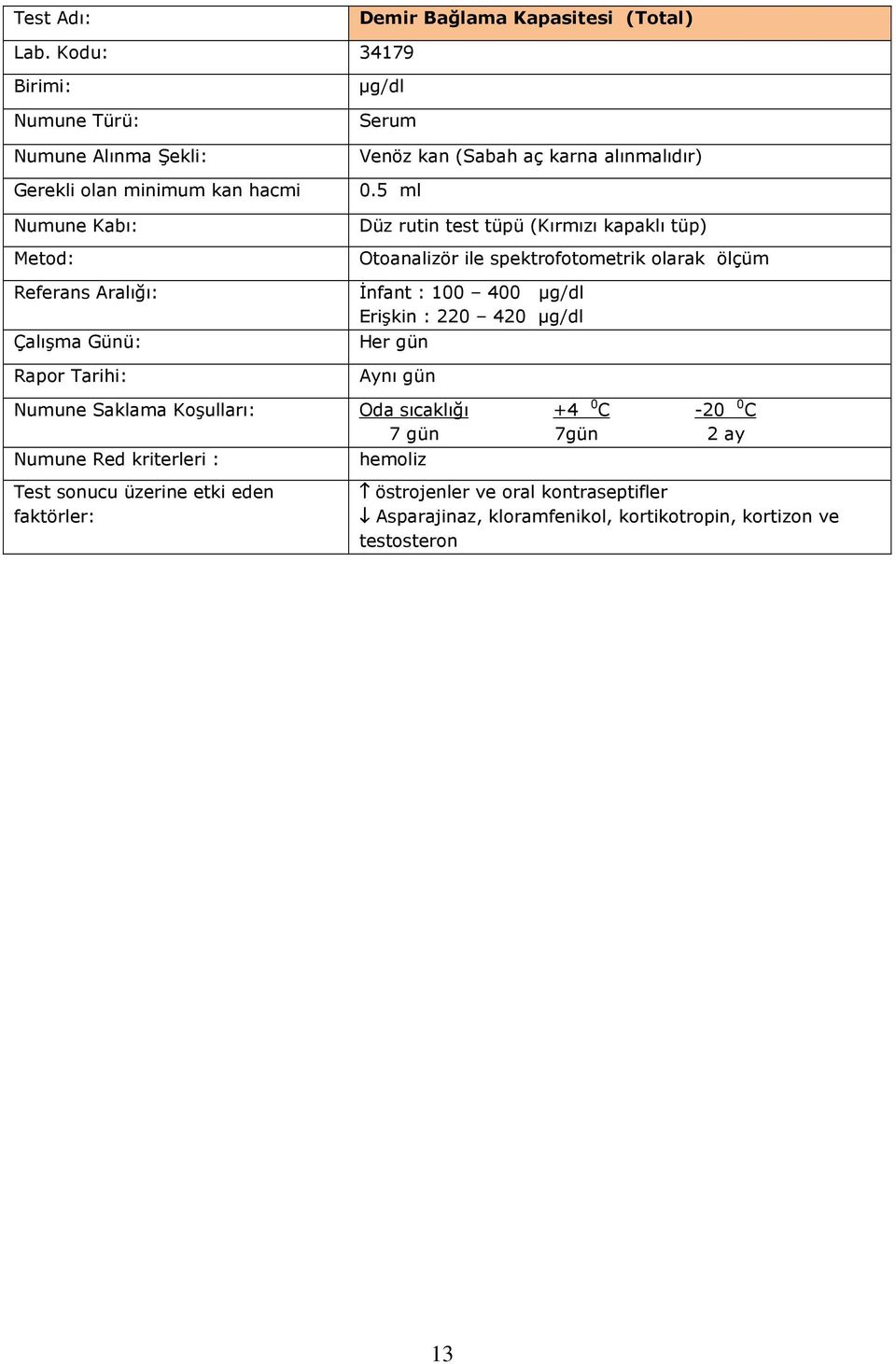 ölçüm Đnfant : 100 400 µg/dl Erişkin : 220 420 µg/dl Numune Saklama Koşulları: Oda