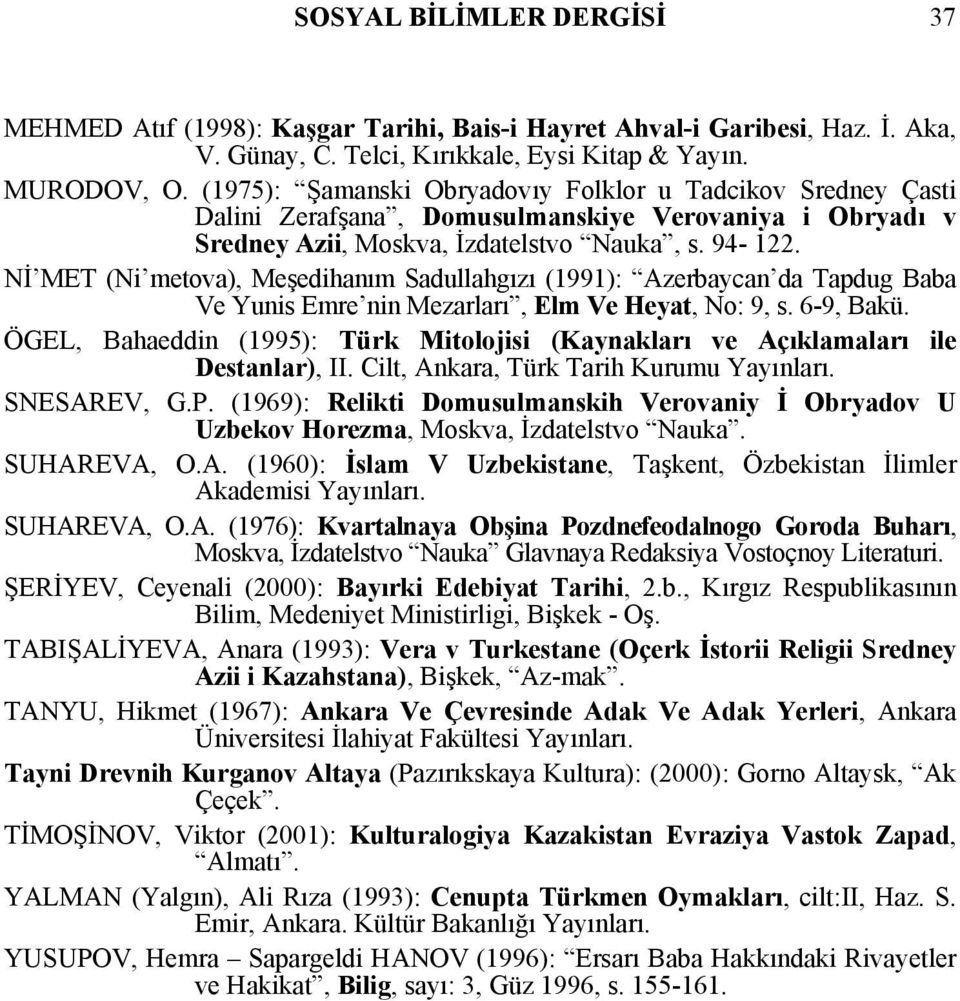 Nİ MET (Ni metova), Meşedihanım Sadullahgızı (1991): Azerbaycan da Tapdug Baba Ve Yunis Emre nin Mezarları, Elm Ve Heyat, No: 9, s. 6-9, Bakü.