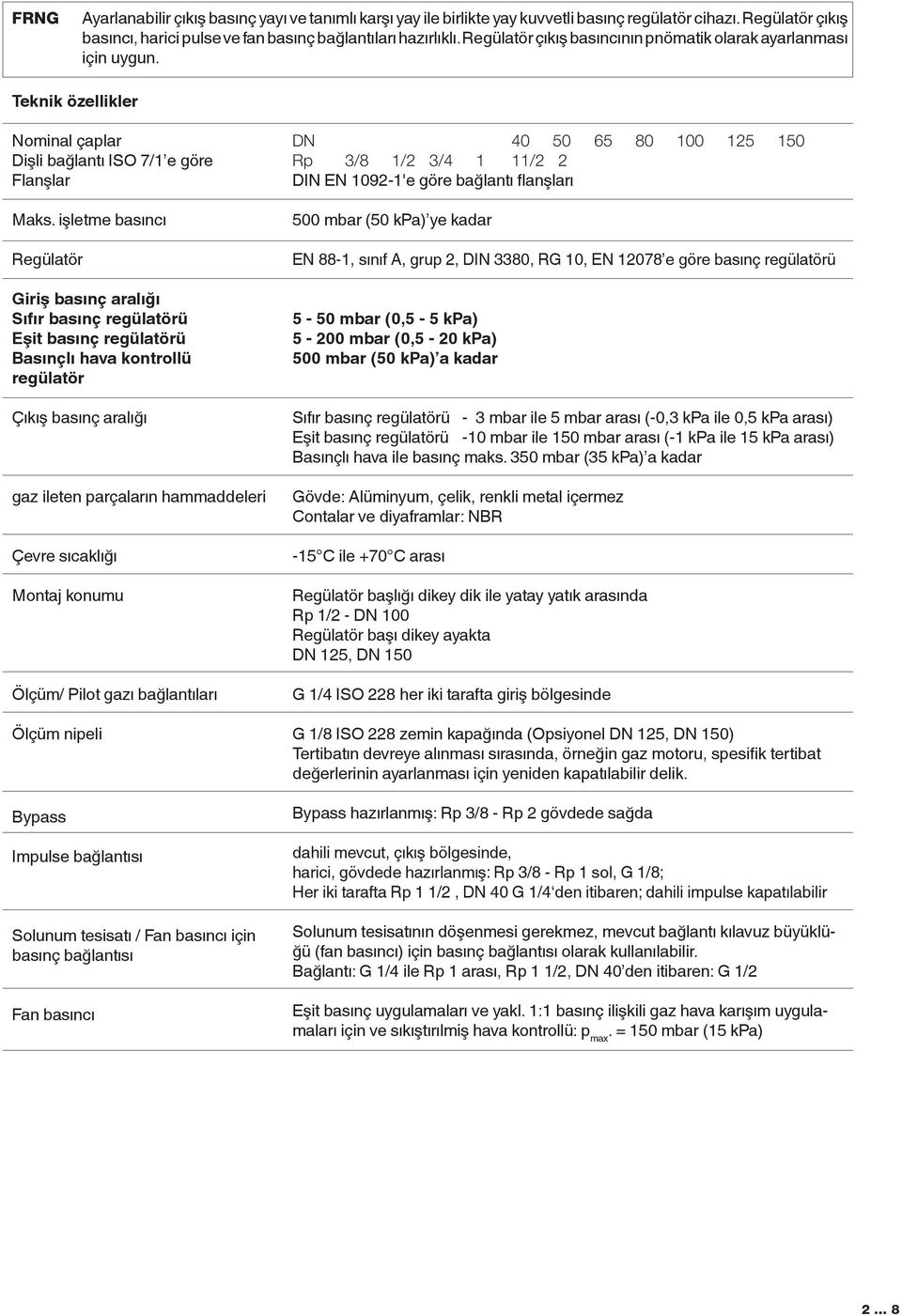 işletme basıncı Regülatör Giriş basınç aralığı Sıfır basınç regülatörü Eşit basınç regülatörü Basınçlı hava kontrollü regülatör Çıkış basınç aralığı gaz ileten parçaların hammaddeleri Çevre sıcaklığı