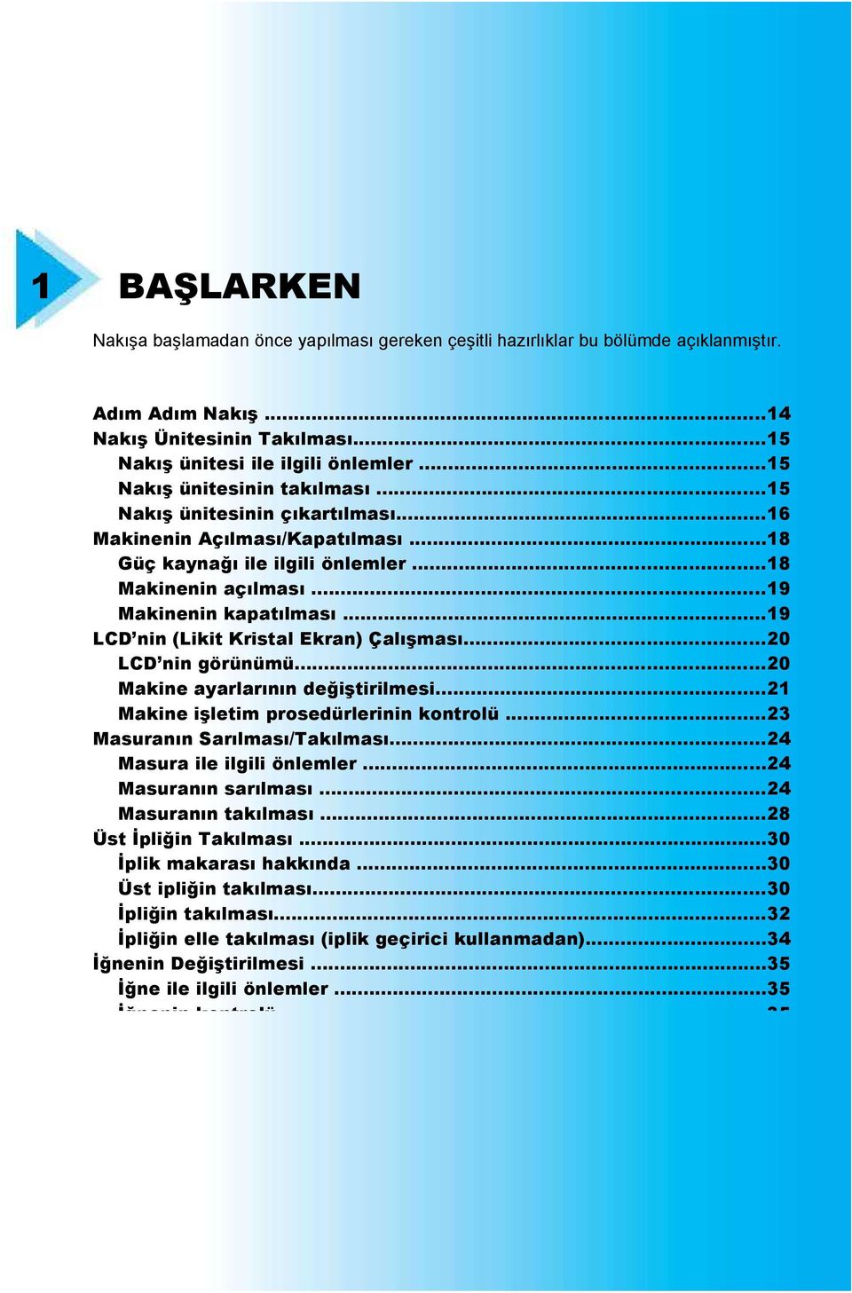 ..19 LCD nin (Likit Kristal Ekran) Çalışması...20 LCD nin görünümü...20 Makine ayarlarının değiştirilmesi...21 Makine işletim prosedürlerinin kontrolü...23 Masuranın Sarılması/Takılması.