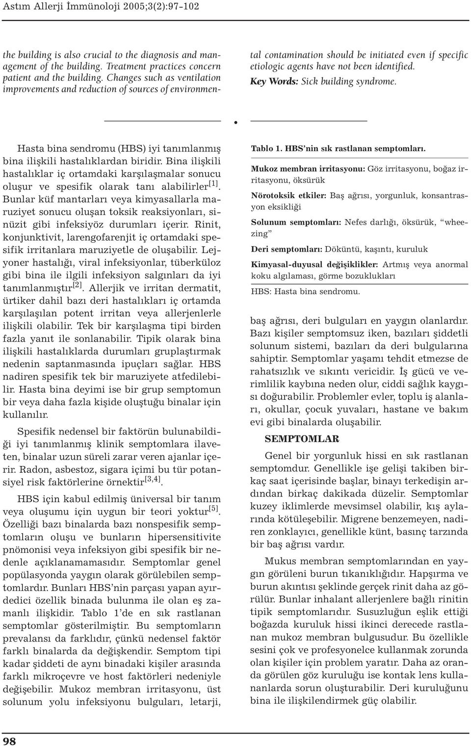 Key Words: Sick building syndrome. Hasta bina sendromu (HBS) iyi tanımlanmış bina ilişkili hastalıklardan biridir.