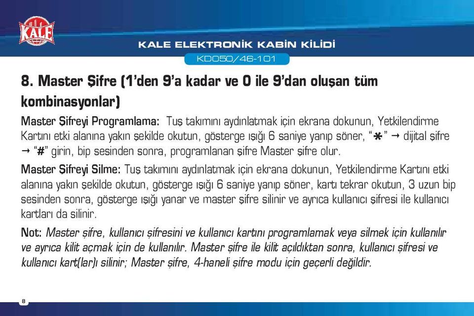 okutun, gösterge ışığı 6 saniye yanıp söner, * dijital şifre # girin, bip sesinden sonra, programlanan şifre Master şifre olur.