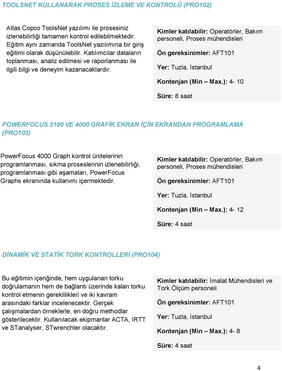 personeli, Proses mühendisleri Kontenjan (Min Max.