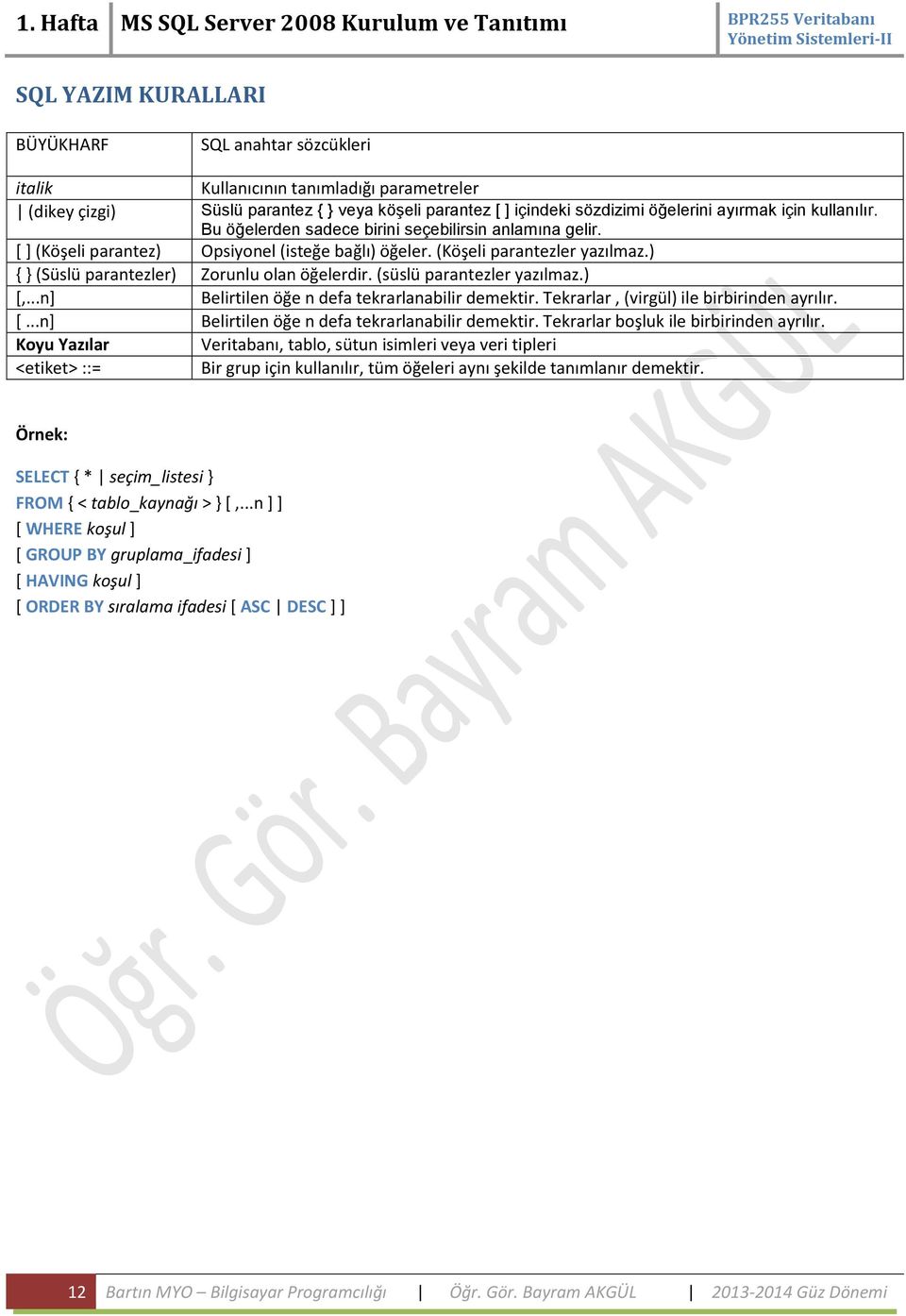 ) { } (Süslü parantezler) Zorunlu olan öğelerdir. (süslü parantezler yazılmaz.) [,...n] Belirtilen öğe n defa tekrarlanabilir demektir. Tekrarlar, (virgül) ile birbirinden ayrılır. [...n] Belirtilen öğe n defa tekrarlanabilir demektir. Tekrarlar boşluk ile birbirinden ayrılır.