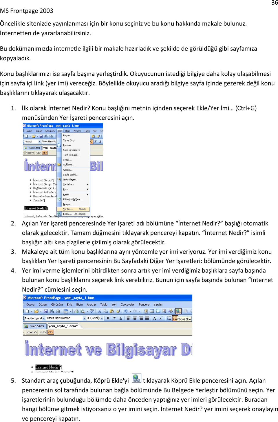 Okuyucunun istediği bilgiye daha kolay ulaşabilmesi için sayfa içi link (yer imi) vereceğiz. Böylelikle okuyucu aradığı bilgiye sayfa içinde gezerek değil konu başlıklarını tıklayarak ulaşacaktır. 1.