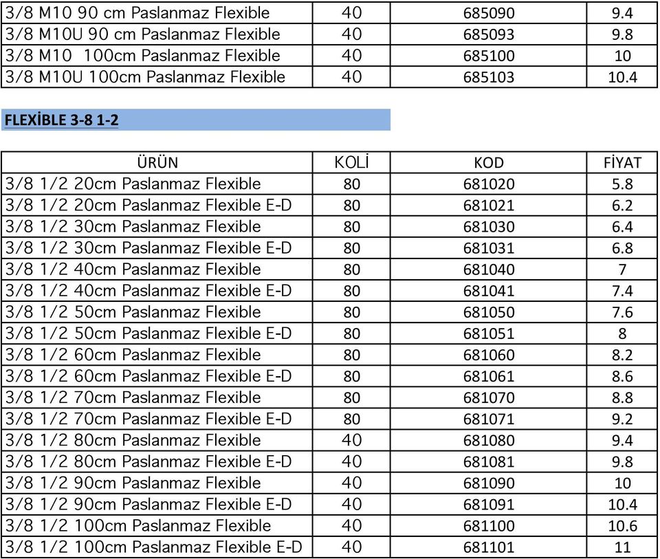 4 3/8 1/2 30cm Paslanmaz Flexible E-D 80 681031 6.8 3/8 1/2 40cm Paslanmaz Flexible 80 681040 7 3/8 1/2 40cm Paslanmaz Flexible E-D 80 681041 7.4 3/8 1/2 50cm Paslanmaz Flexible 80 681050 7.