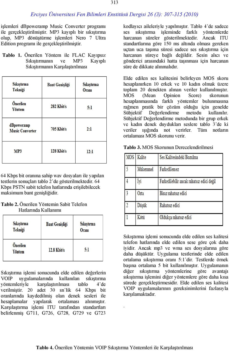 Tablo 4 de sadece ses sıkıştırma işleminde farklı yöntemlerde harcanan süreler gösterilmektedir.