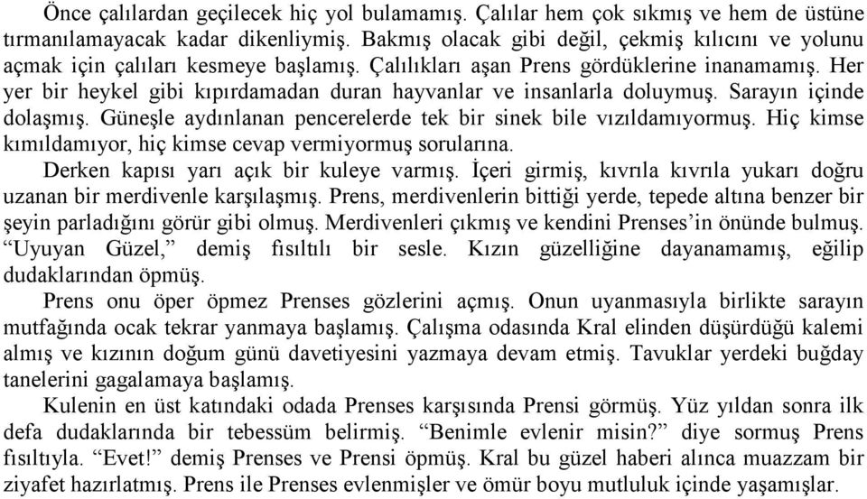 Her yer bir heykel gibi kıpırdamadan duran hayvanlar ve insanlarla doluymuş. Sarayın içinde dolaşmış. Güneşle aydınlanan pencerelerde tek bir sinek bile vızıldamıyormuş.