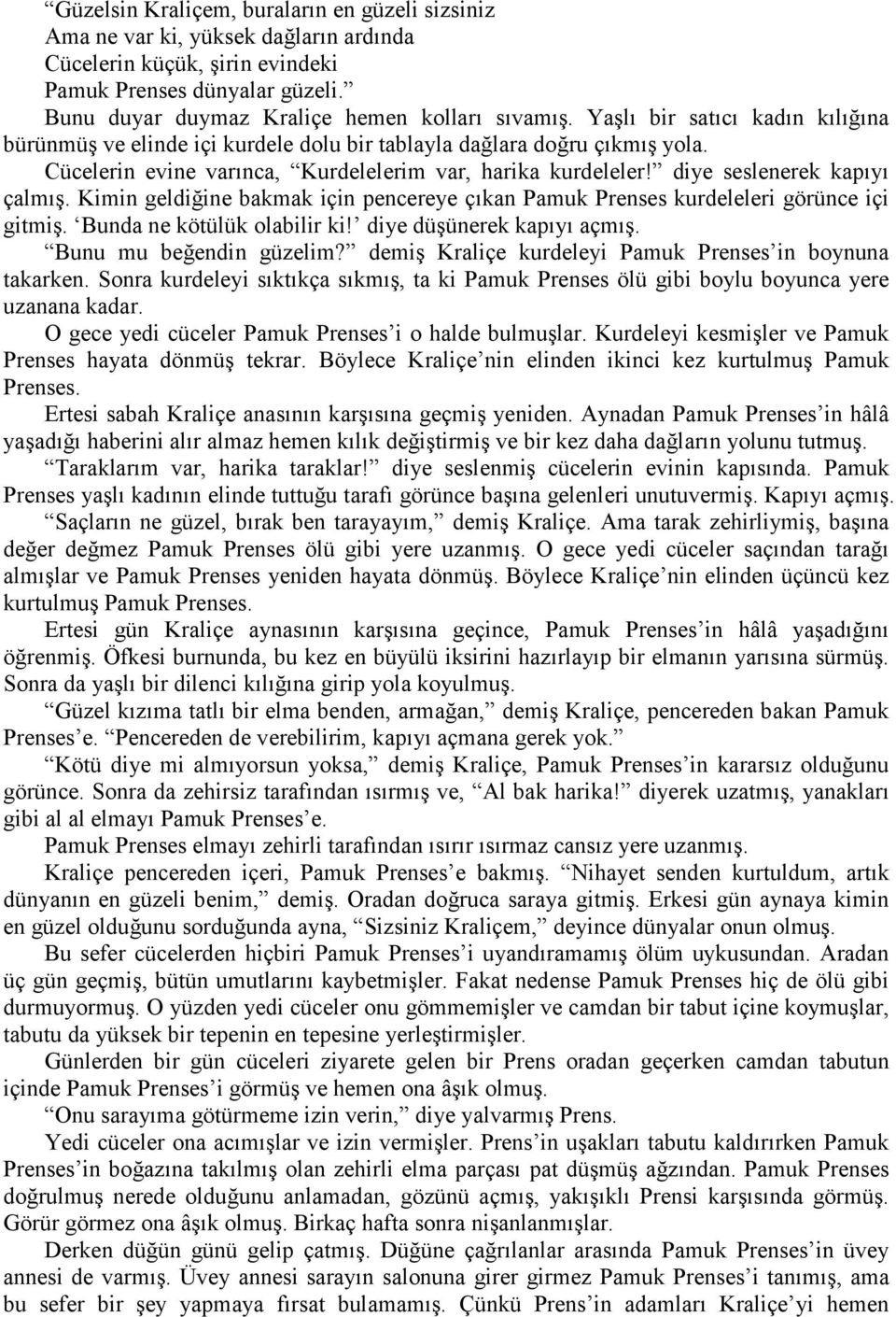 Kimin geldiğine bakmak için pencereye çıkan Pamuk Prenses kurdeleleri görünce içi gitmiş. Bunda ne kötülük olabilir ki! diye düşünerek kapıyı açmış. Bunu mu beğendin güzelim?