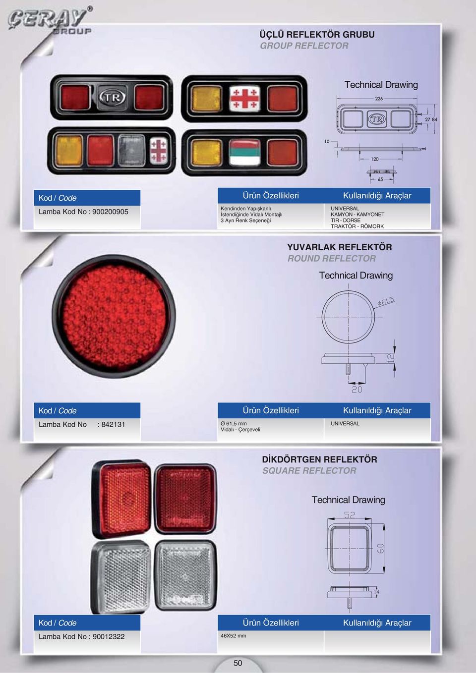 TRAKTÖR - RÖMORK YUVARLAK REFLEKTÖR ROUND REFLECTOR Lamba Kod No : 842131 Ø 61,5