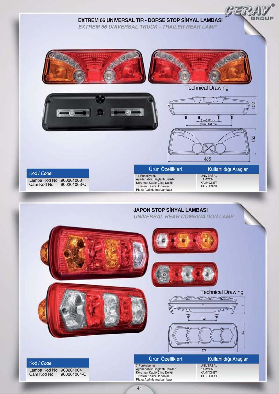 Aydınlatma Lambası ET TIR - DORSE JAPON STOP SİNYAL LAMBASI REAR COMBINATION LAMP Lamba Kod No : 900201004 Cam Kod No :