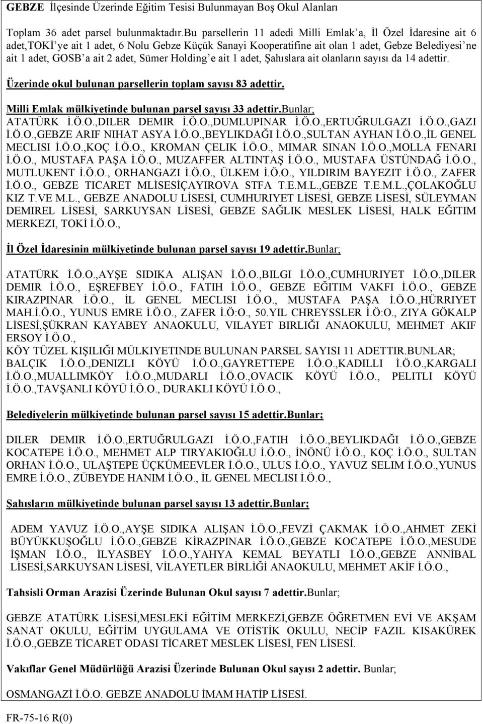 Sümer Holding e ait 1 adet, Şahıslara ait olanların sayısı da 14 adettir. Üzerinde okul bulunan parsellerin toplam sayısı 83 adettir. Milli Emlak mülkiyetinde bulunan parsel sayısı 33 adettir.