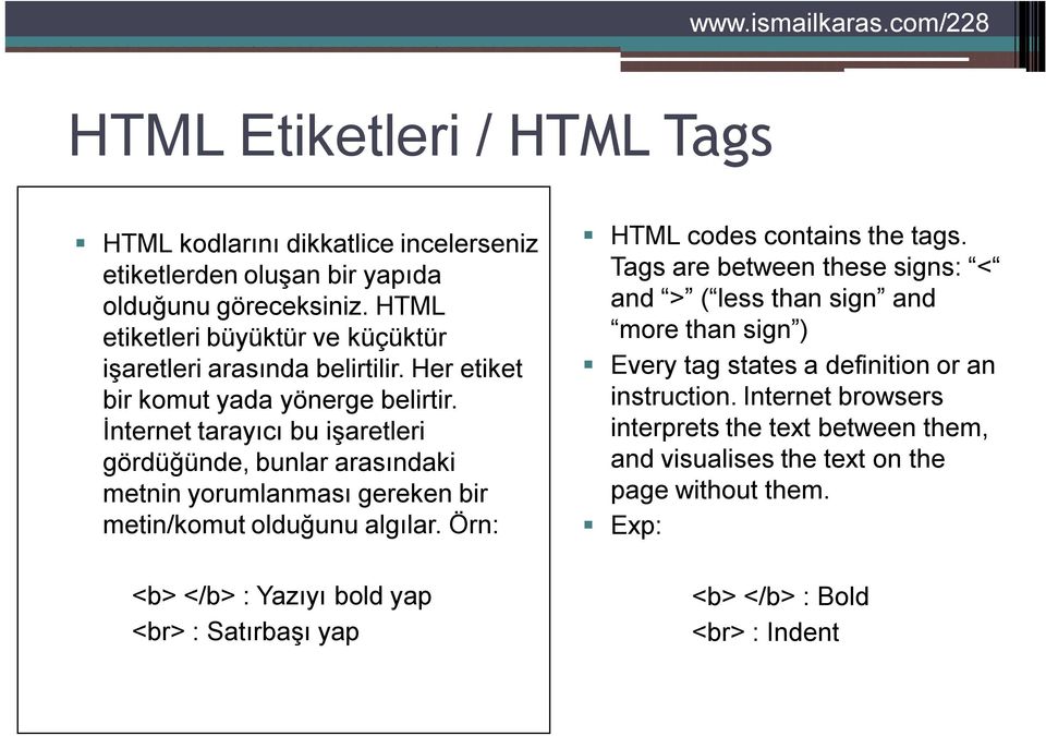 İnternet tarayıcı bu işaretleri gördüğünde, bunlar arasındaki metnin yorumlanması gereken bir metin/komut olduğunu algılar.