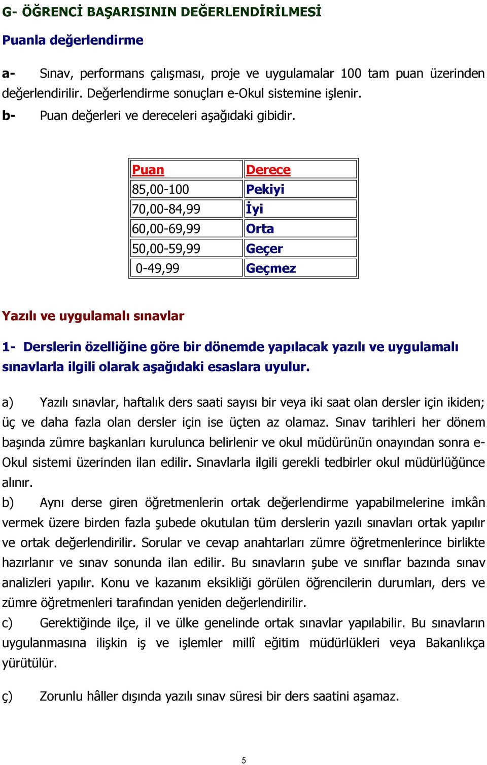 Puan Derece 85,00-100 Pekiyi 70,00-84,99 İyi 60,00-69,99 Orta 50,00-59,99 Geçer 0-49,99 Geçmez Yazılı ve uygulamalı sınavlar 1- Derslerin özelliğine göre bir dönemde yapılacak yazılı ve uygulamalı