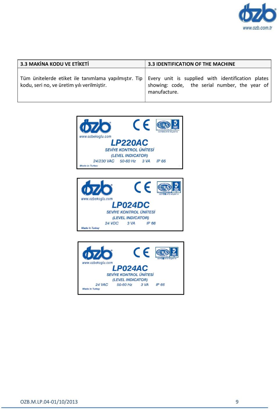 3 IDENTIFICATION OF THE MACHINE Every unit is supplied with