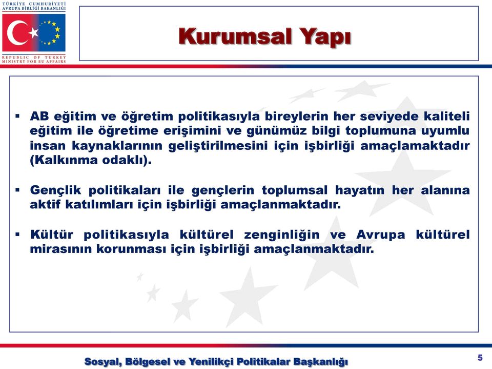 Gençlik politikaları ile gençlerin toplumsal hayatın her alanına aktif katılımları için işbirliği amaçlanmaktadır.