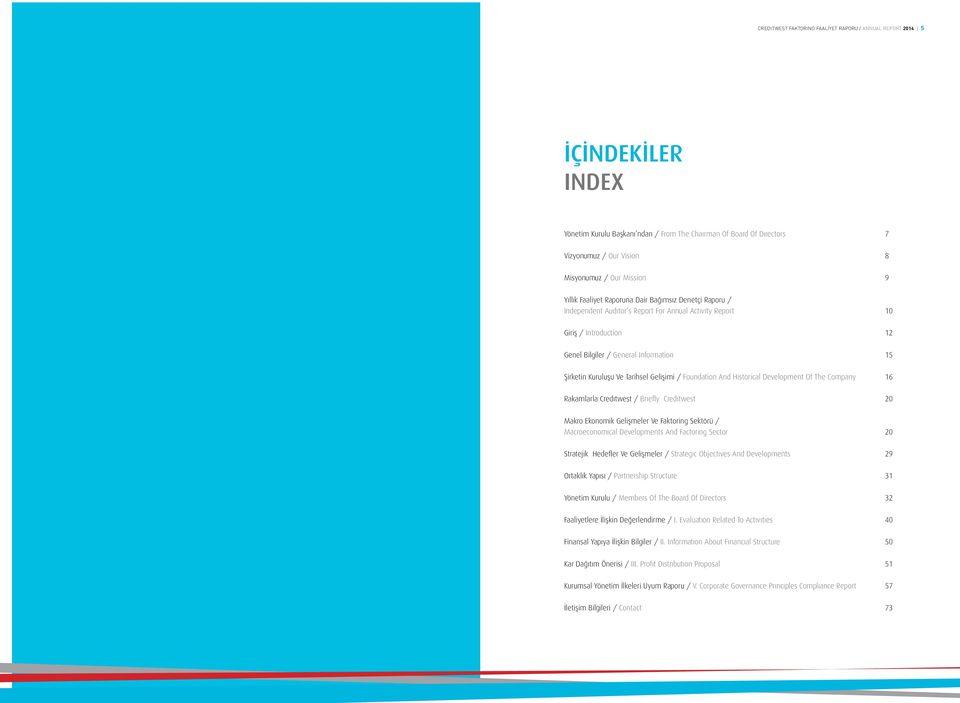 Introduction 12 Genel Bilgiler / General Information 15 Şirketin Kuruluşu Ve Tarihsel Gelişimi / Foundation And Historical Development Of The Company 16 Rakamlarla Credıtwest / Brıefly Credıtwest 20