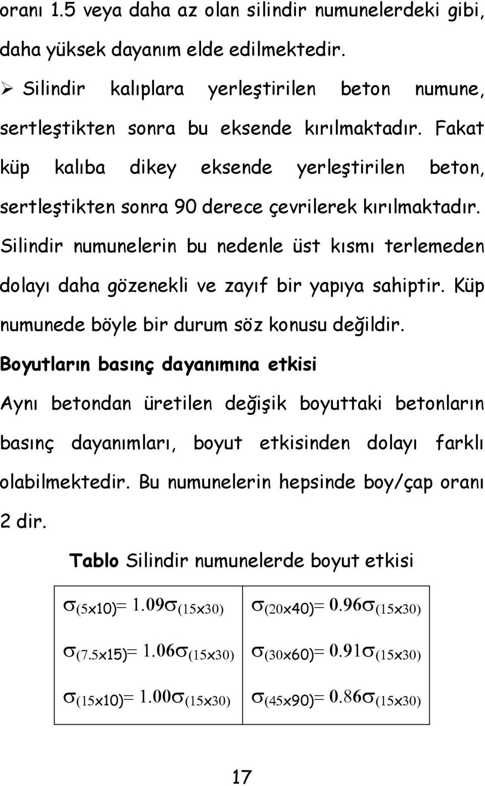 Silindir numunelerin bu nedenle üst kısmı terlemeden dolayı daha gözenekli ve zayıf bir yapıya sahiptir. Küp numunede böyle bir durum söz konusu değildir.