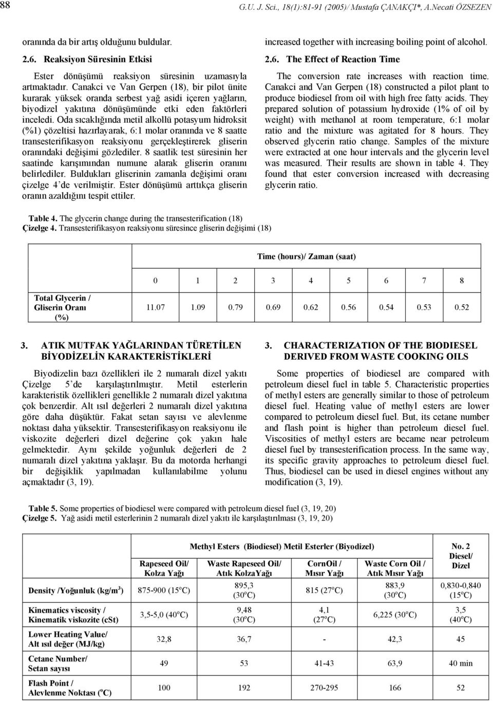 Canakci ve Van Gerpen (18), bir pilot ünite kurarak yüksek oranda serbest yağ asidi içeren yağların, biyodizel yakıtına dönüşümünde etki eden faktörleri inceledi.