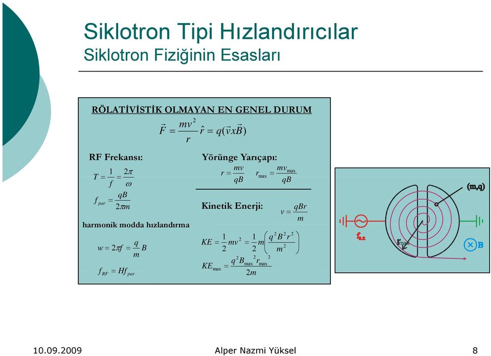 2πm 2π m Kinetik Enerji: qbr r 2 mv r r v = m harmonik modda F hızlandırma = rˆ = q ( vxb B) ) r 2 2 2 1 2 1 q B r