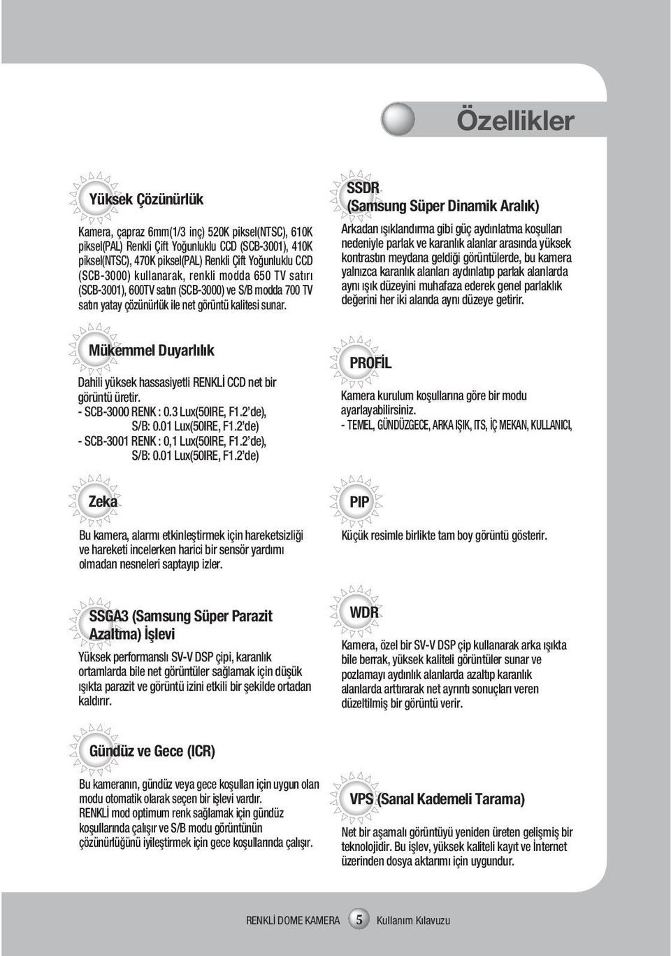 SSDR (Samsung Süper Dinamik Aralık) Arkadan ışıklandırma gibi güç aydınlatma koşulları nedeniyle parlak ve karanlık alanlar arasında yüksek kontrastın meydana geldiği görüntülerde, bu kamera yalnızca