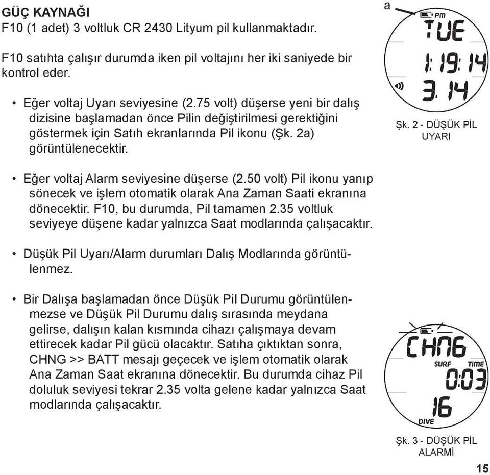 2 - DÜŞÜK PİL UYARI Eğer voltaj Alarm seviyesine düşerse (2.50 volt) Pil ikonu yanıp sönecek ve işlem otomatik olarak Ana Zaman Saati ekranına dönecektir. F10, bu durumda, Pil tamamen 2.