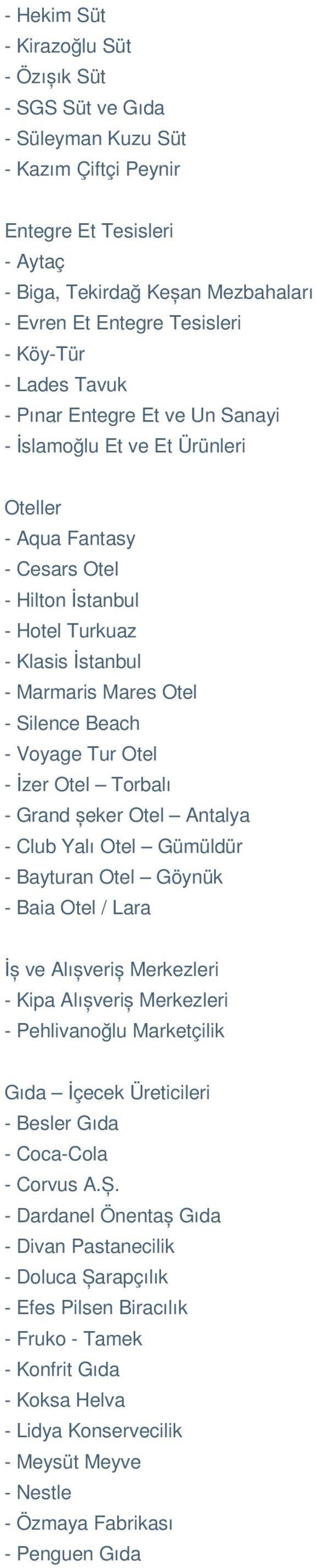 Silence Beach - Voyage Tur Otel - İzer Otel Torbalı - Grand șeker Otel Antalya - Club Yalı Otel Gümüldür - Bayturan Otel Göynük - Baia Otel / Lara İș ve Alıșveriș Merkezleri - Kipa Alıșveriș